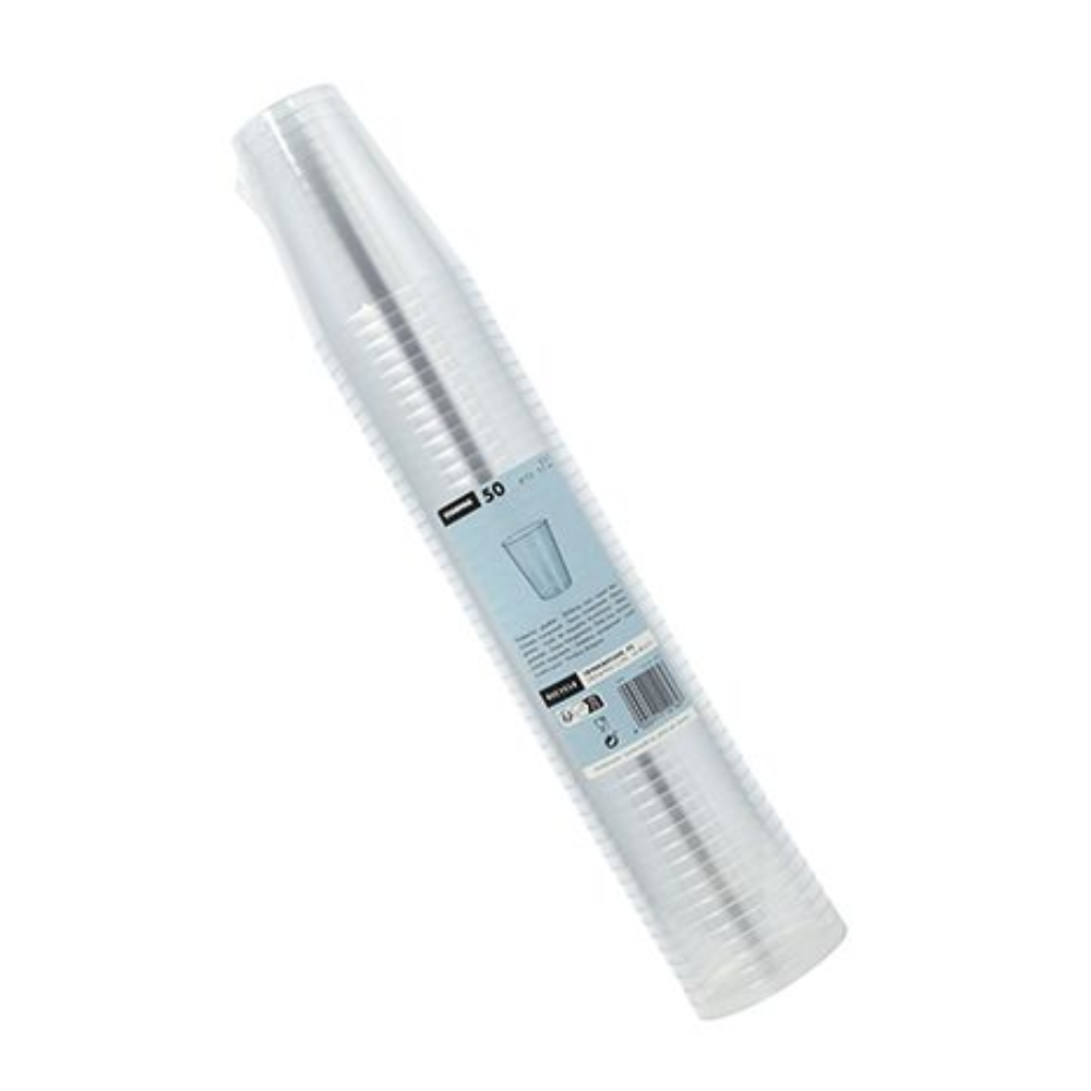 Ein Stapel Starpak 50 Trinkbecher, PS glasklar ist mit einem hellblauen Etikett in Plastik verpackt, auf dem die Marke Starpak und die Produktdaten, einschließlich der Menge von 50 Bechern, angegeben sind.