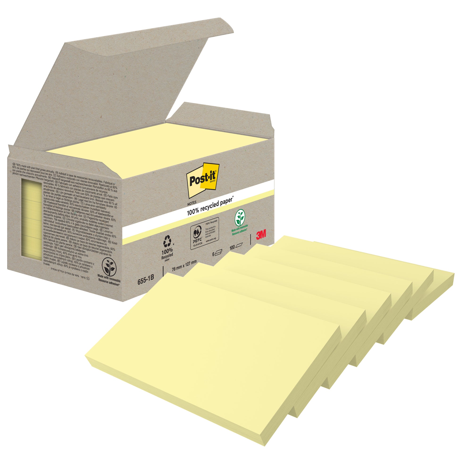 Eine geöffnete Schachtel Post-it® Recycling Notes der 3M Deutschland GmbH (gelb, 76x127mm, 100 Blatt/Block, 6 Blöcke/Packung, 100% PEFC) zeigt gelbe Blöcke; die Verpackung zeigt Recycling-Symbole und Produktdetails.