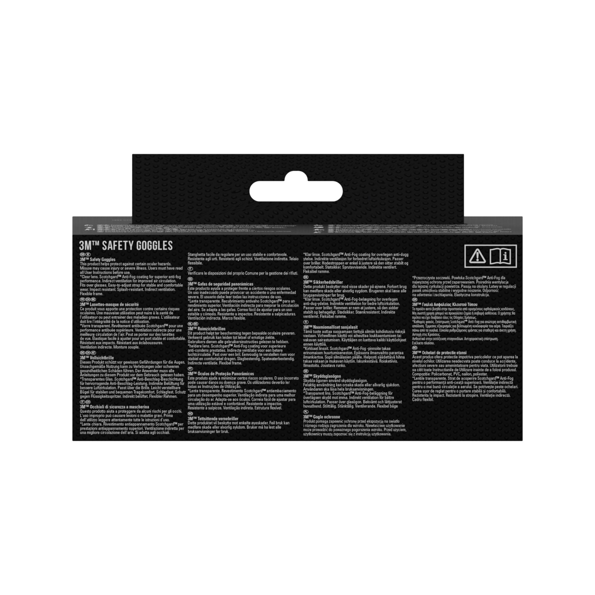 Auf der Rückseite der 3M™ Schutzbrille 2891, Scotchgard™ Protector-Verpackung (1 Stück) der 3M Deutschland GmbH befinden sich Produktinformationen, Anweisungen und Warnhinweise in mehreren Sprachen in weißer Schrift auf schwarzem Hintergrund.