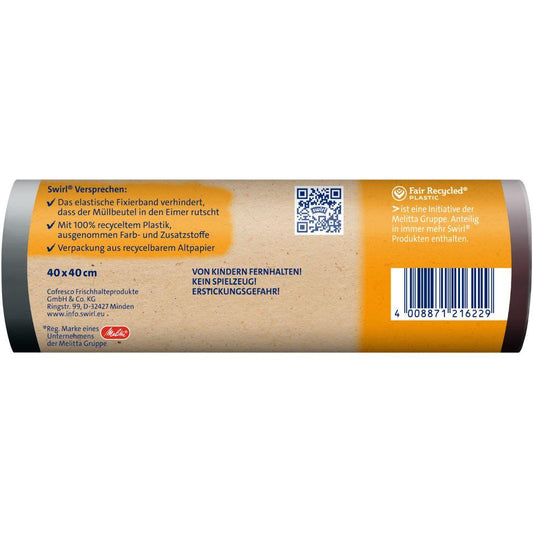 Ein braunes Etikett mit deutschem Text hebt „umweltfreundliche Abfallentsorgung“ (40 x 40 cm) und Sicherheitswarnungen hervor. Mit Barcode, QR-Code, Logos aus recyceltem Kunststoff und Details zum Melitta Europa Swirl Fixierband-Müllbeutel 10 l (15 Beutel/Rolle).