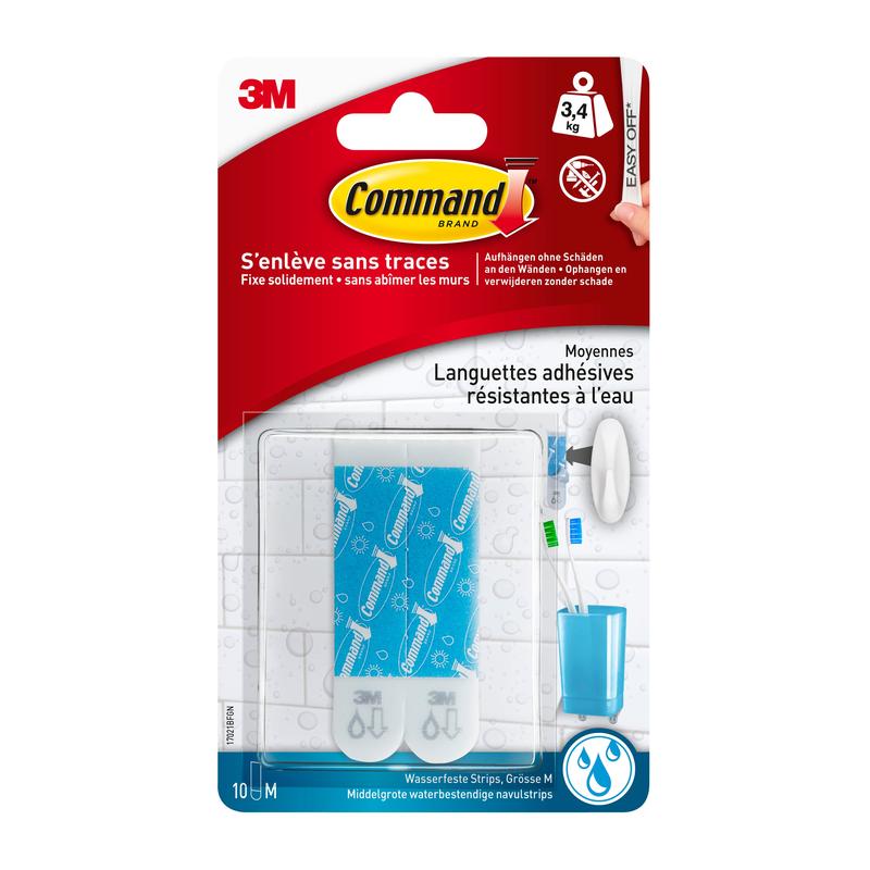A pack of 10 Command™ Strips 17021B, Waterproof, Size M from 3M Deutschland GmbH is displayed as a self-adhesive mounting solution without drilling for the bathroom, with French product info on the package.