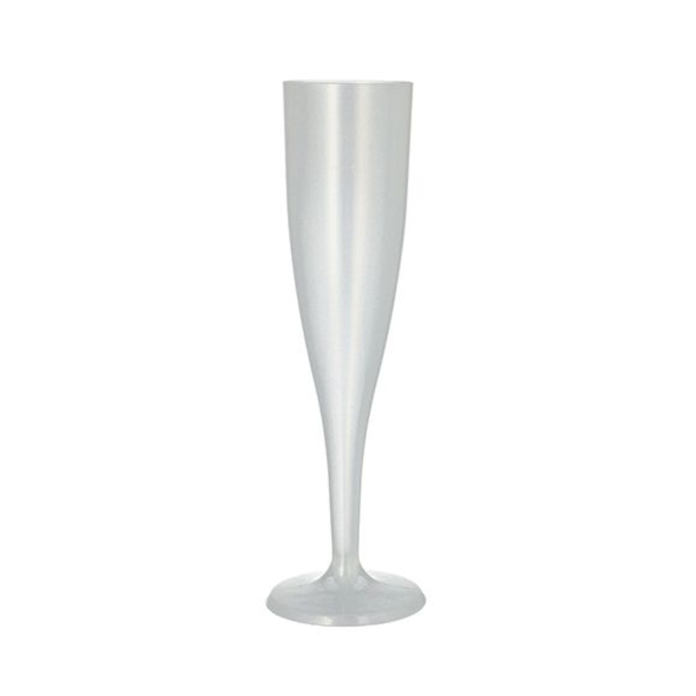 The Starpak 10 reusable stem glasses from Starpak are transparent champagne flutes made of polypropylene with a narrow bowl, long stem, and round base - the perfect unbreakable glasses for any celebration.