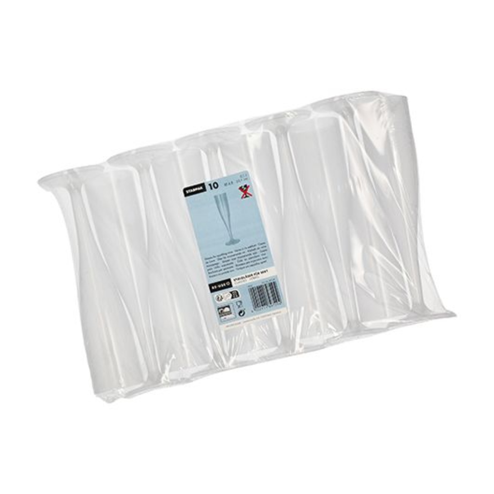 A ten-pack of Starpak 10 reusable stem glasses from Starpak is sealed in a transparent plastic packaging, with a label featuring product information and barcodes on the front.