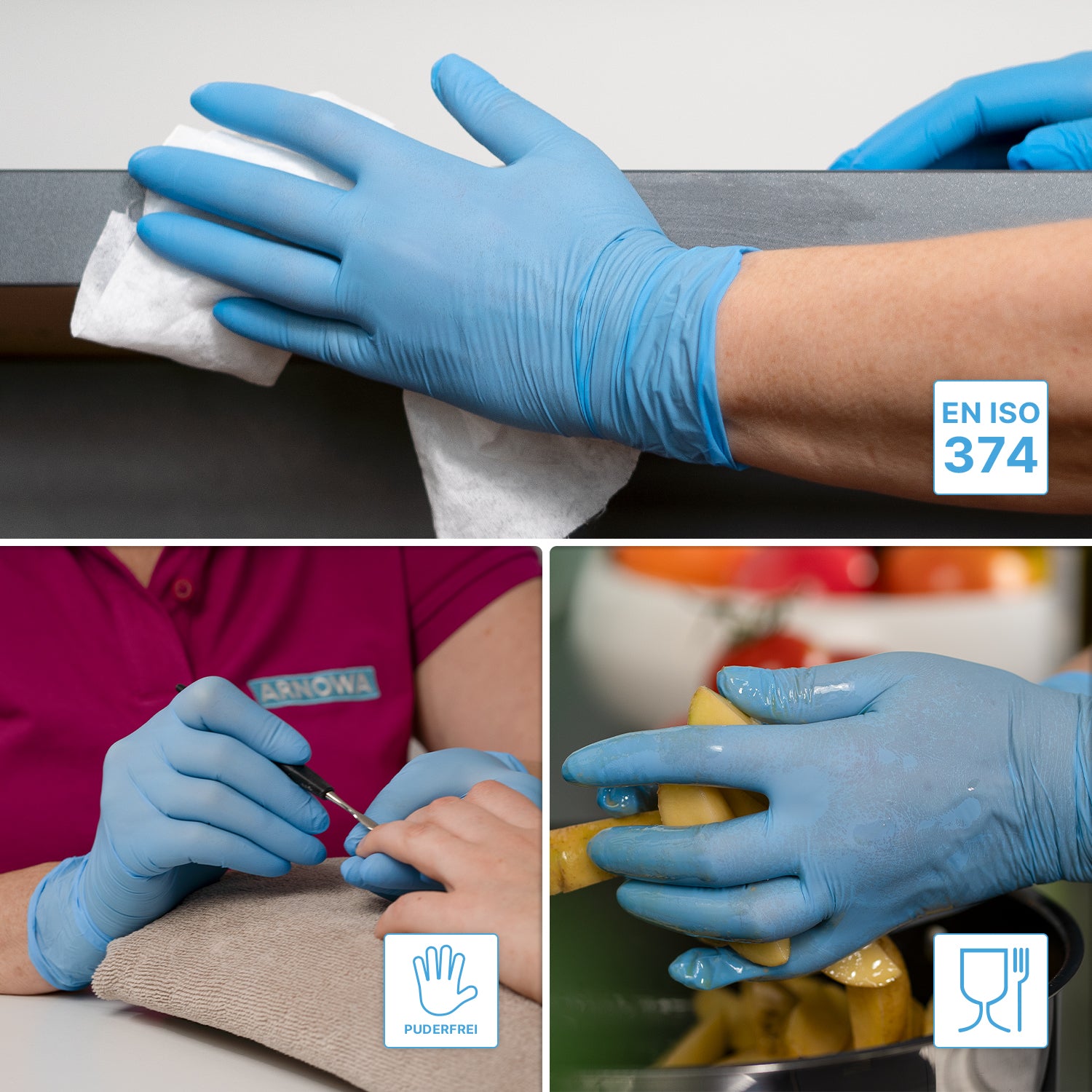 Eine Collage zeigt ARNOMED NITRIL BLUE 200er Nitrilhandschuhe Blau der ARNOWA GmbH für die Reinigung, Nagelpflege und den Umgang mit Lebensmitteln. Icons zeigen die Zertifizierung des 200er Sparpacks nach EN ISO 374 und die Eignung für Lebensmittelkontakt und Allergieprävention.