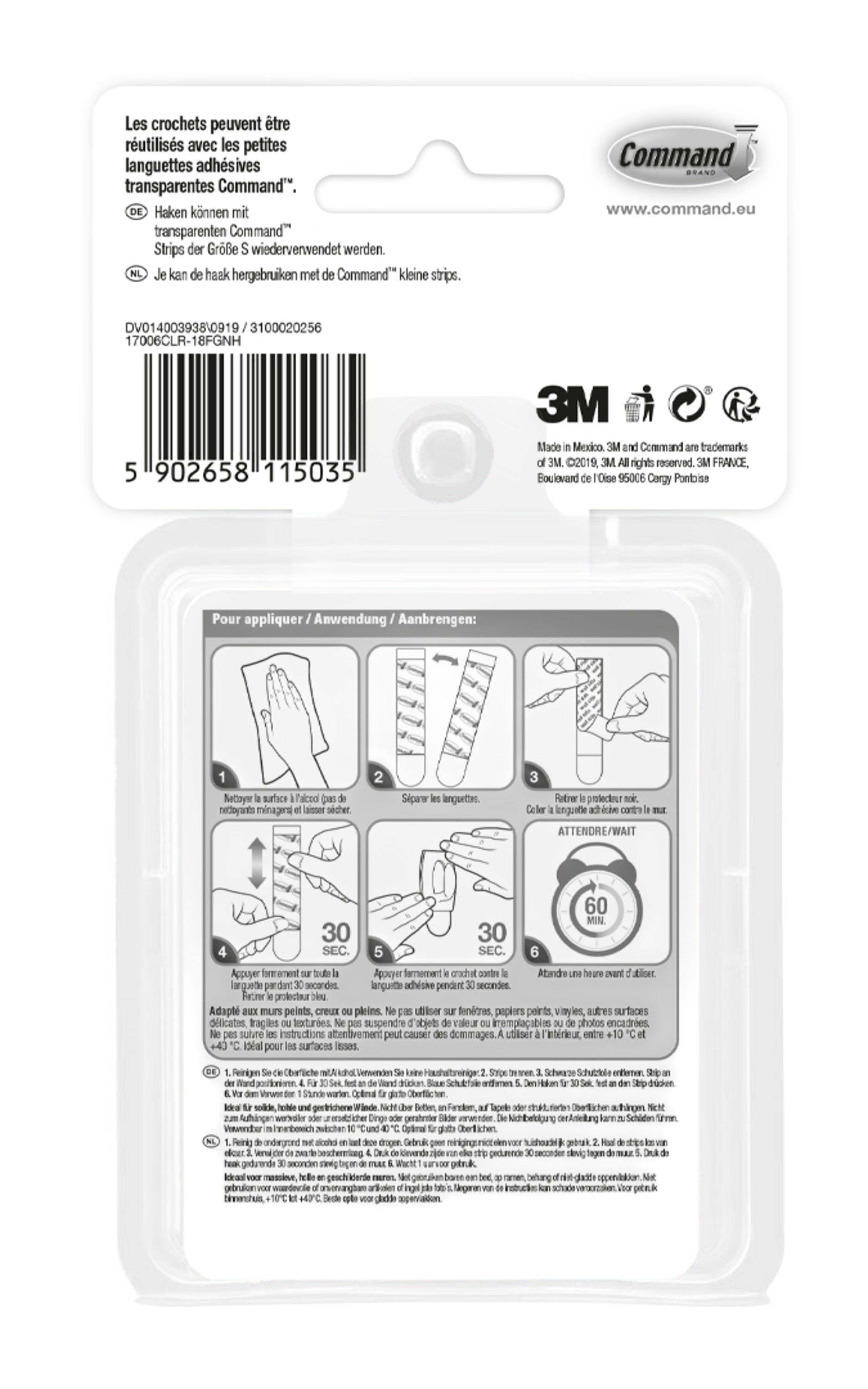 Rückseite der Command™ Mini-Haken Packung (1 Stück) von 3M Deutschland GmbH mit Montageanleitung (französisch/deutsch), Abbildungen, Produkt- und Barcode, 3M/Command-Logos sowie Recyclinginfos.