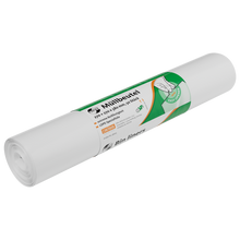 A white roll of garbage bags from EMIL DEISS KG is equipped with a green-white label with German and English information, the size 270+270x580 mm, an illustration of a trash can liner, and the product name DEISS 36003 Roll (50 pieces) for quality assurance.