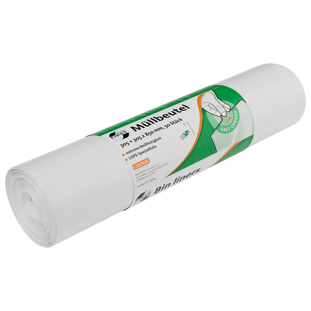 A roll of white trash bags DEISS 36004 by EMIL DEISS KG (GmbH + Co.), labeled in German and English with a hand pulling a bag and the text "Easy opening." Contains 50 bags with dimensions 305+305x850 mm.
