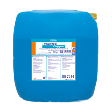 Ein großer blauer 30 kg Kunststoffkanister mit der Aufschrift "Dr. Schnell PEROTEX OXYGEN Reinigungsverstärker für gewerbliche Spülmaschinen, Aktiv-Sauerstoff" der DR.SCHNELL GmbH & Co. KGaA, mit Gefahrenhinweisen, gelber Kappe und weißem Etikett mit Symbol.