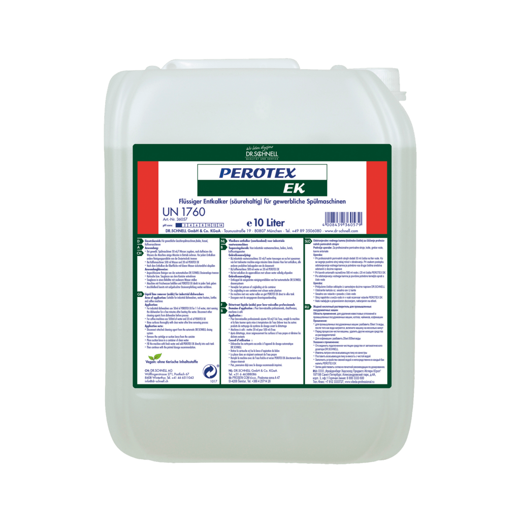 Ein 10-Liter-Kanister Dr. Schnell PEROTEX EK Entkalker für gewerbliche Spülmaschinen und Küchenhygiene von DR.SCHNELL, mit einem mehrfarbigen deutschen Etikett mit Produktangaben und Hinweisen auf der Vorderseite.