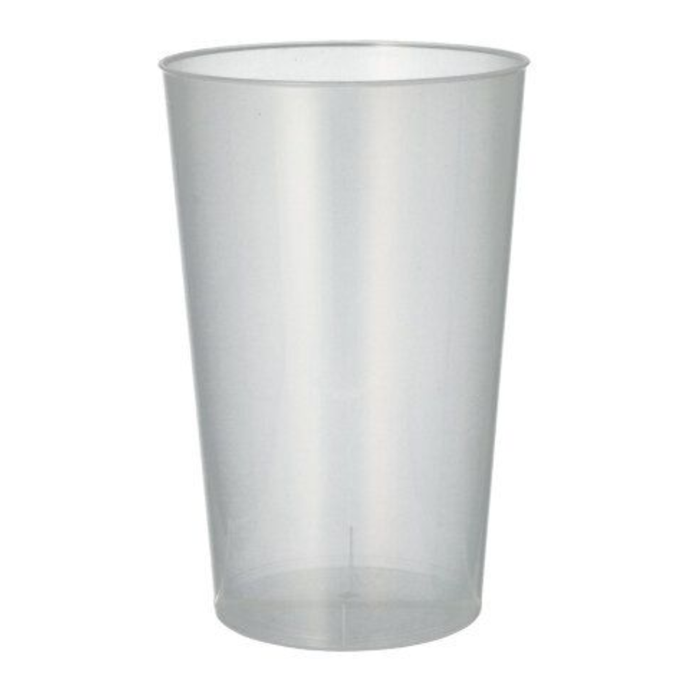 A Starpak reusable plastic cup made of transparent plastic with a smooth surface and slightly conical shape stands upright against a plain white background.