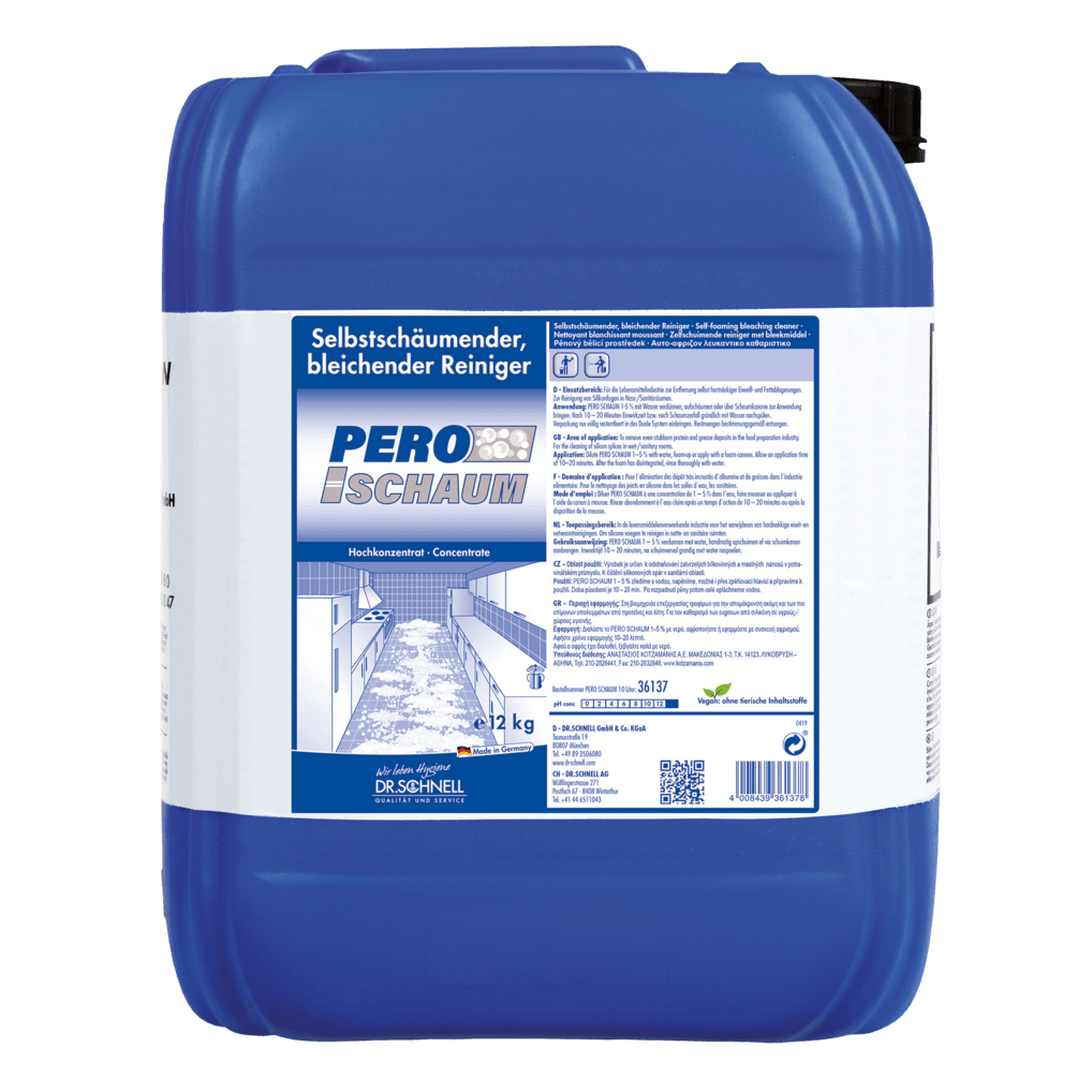 A 12-kg blue plastic canister from Dr. Schnell PERO SCHAUM, a self-foaming, bleaching, chlorinated surface cleaner from DR.SCHNELL GmbH & Co. KGaA, designed for effective surface cleaning.