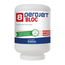 Ein weißer Behälter der DR.SCHNELL GmbH & Co. KGaA PEROJET BLOC 8 Geschirrreiniger für gewerbliche Spülmaschinen, ökologisch (4 kg Kartusche) mit einem rot-blauen Etikett und Produktangaben in deutscher Sprache auf der Vorderseite.