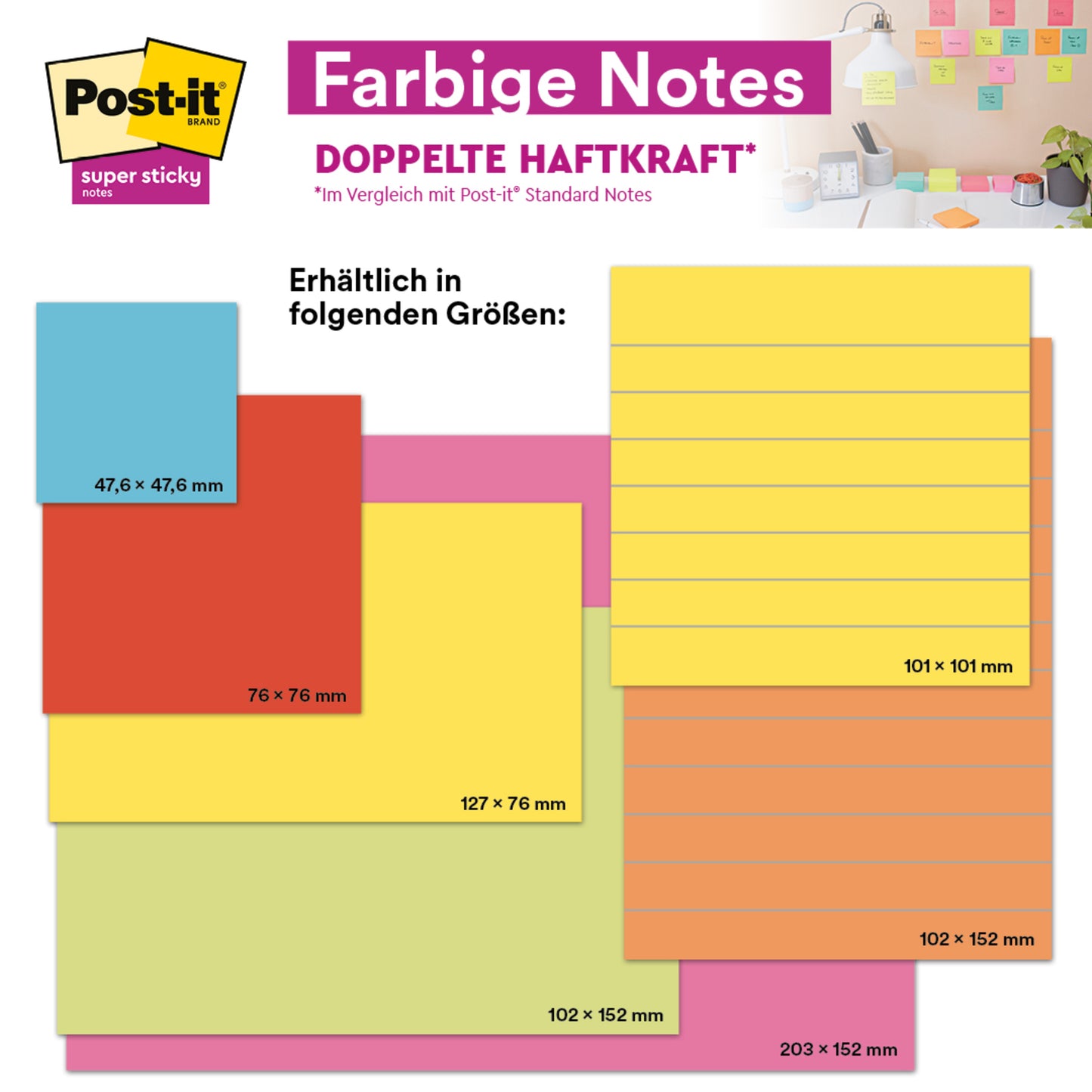 A display shows 16 packs of Post-it® Super Sticky Notes from 3M Deutschland GmbH (76 mm x 127 mm, various colors, 90 sheets/block), whose strong adhesive surface is visible on a neatly arranged sticky note wall.