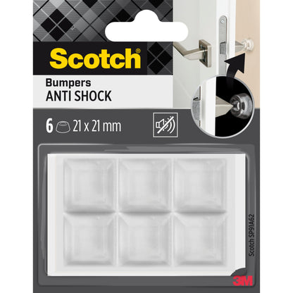 Eine Packung mit 6 Scotch® Stoßabsorbierende Elastikpuffer für Wände SP91A62 von 3M Deutschland GmbH, selbsthaftend und transparent, je 21 x 21 mm, ausgestellt in einem Tray mit Verpackung, die die Verwendung als Stoßfänger an einer Tür zeigt, um Beschädigungen zu vermeiden.