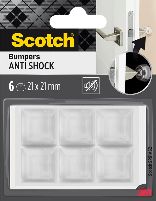 Sechs transparente, selbstklebende Scotch® Stoßabsorbierende Elastikpuffer für Wände SP91A62 von 3M, 21 x 21 mm, verpackt in 6 Stück pro Packung, dargestellt als Türstopper.