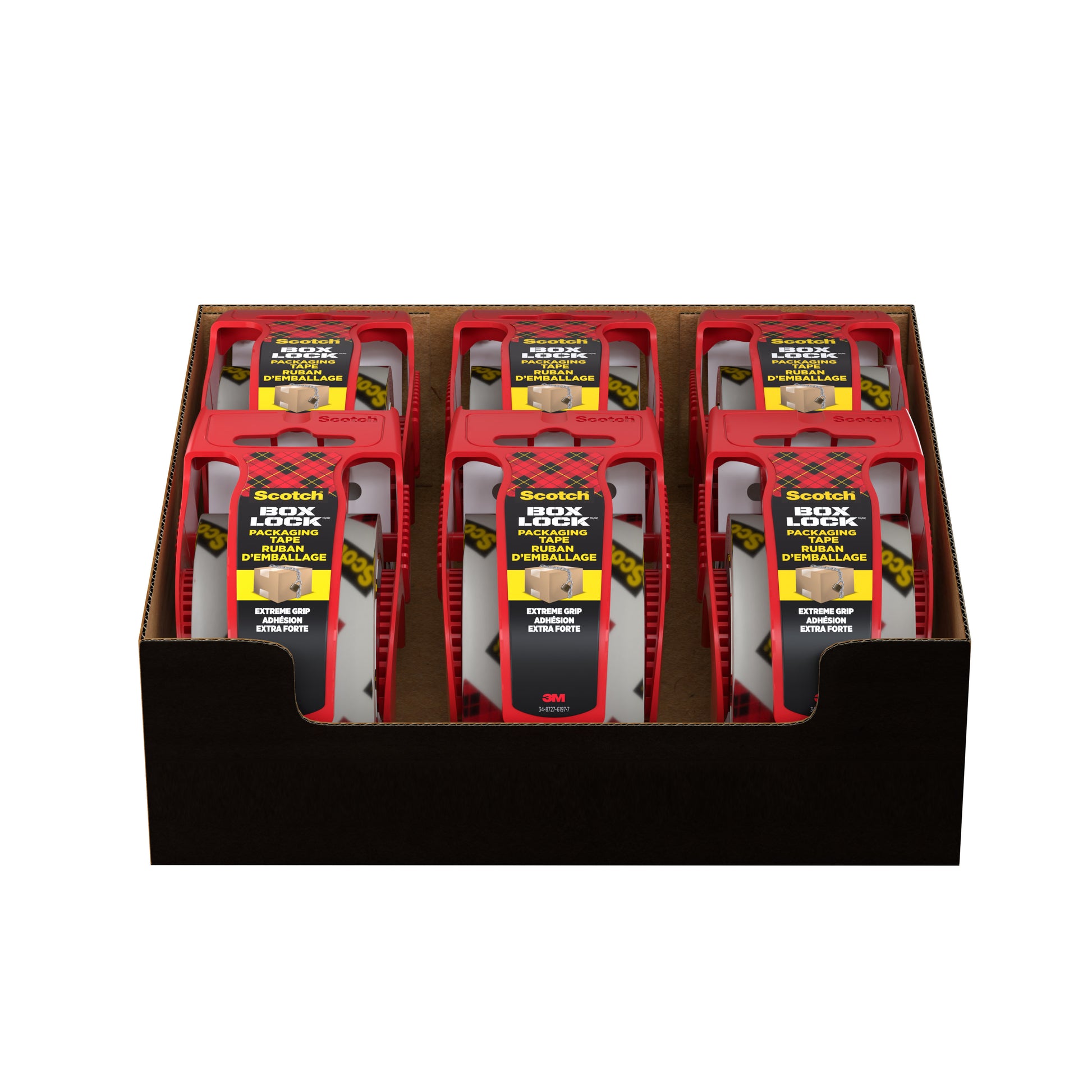 In einem braunen Displaykarton befinden sich sechs Packungen Scotch® Box Lock™ Verpackungsklebeband 48 mm x 20,3 m von 3M Deutschland GmbH, jeweils mit sichtbarer roter und gelber Beschriftung auf der Vorderseite.