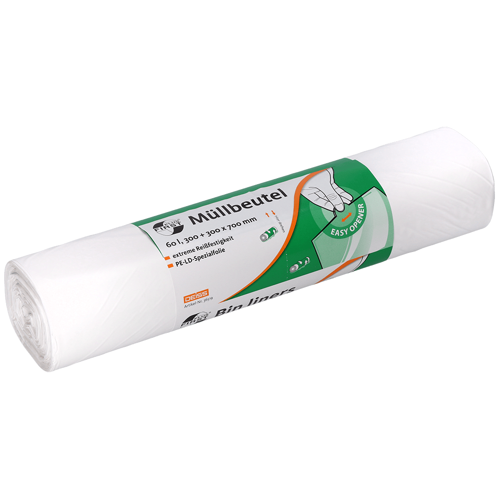A white roll of EMIL DEISS KG (GmbH + Co.) DEISS 36519 garbage bags, 300+300x700 mm, 50 pieces, with a green-white label with a hand illustration for easy opening; biodegradable.