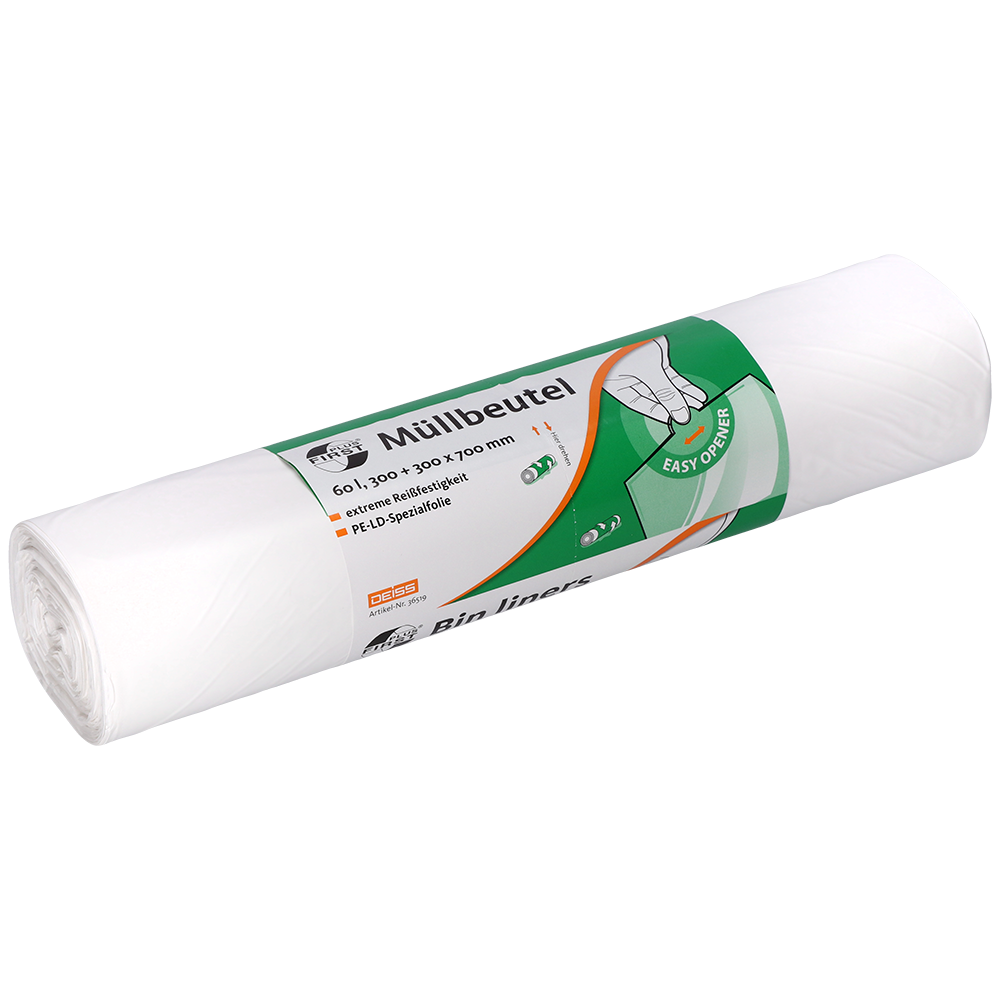Eine weiße Rolle EMIL DEISS KG (GmbH + Co.) DEISS 36519 Müllbeutel, 300+300x700 mm, 50 Stück, mit grün-weißem Etikett mit Handabbildung zum leichten Öffnen; biologisch abbaubar.