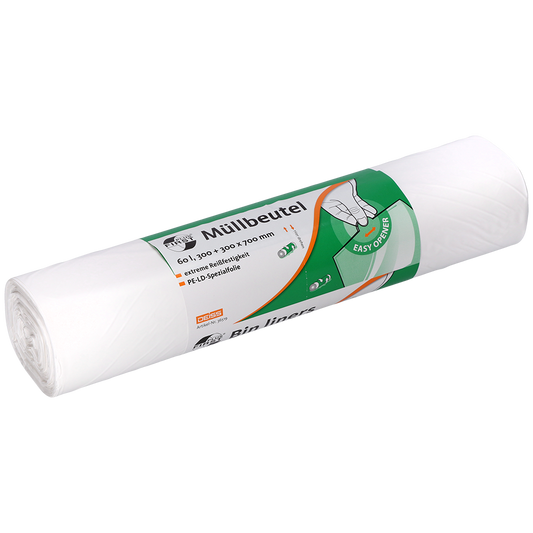 Eine weiße Rolle EMIL DEISS KG (GmbH + Co.) DEISS 36519 Müllbeutel, 300+300x700 mm, 50 Stück, mit grün-weißem Etikett mit Handabbildung zum leichten Öffnen; biologisch abbaubar.