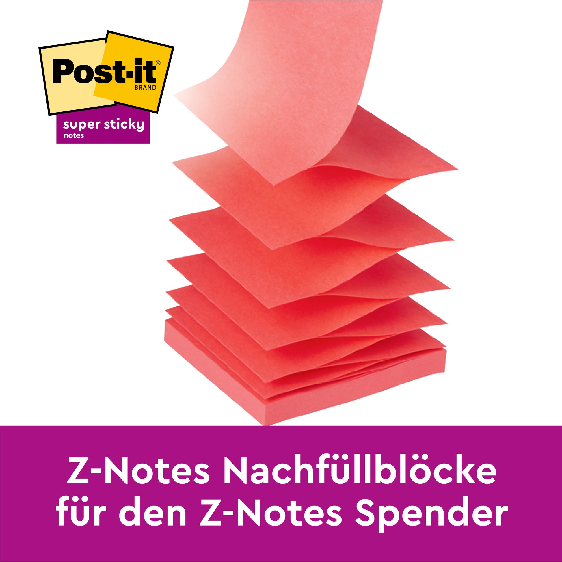 Ein schwarzer Post-it® Z-Notes Dispenser PRO der 3M Deutschland GmbH fasst gelbe Super Sticky Z-Notes (76 x 76 mm, 90 Blatt/Block); einige Zettel sind aufgefächert, oben links ist das Markenlogo abgebildet, unten die Produktinformation.
