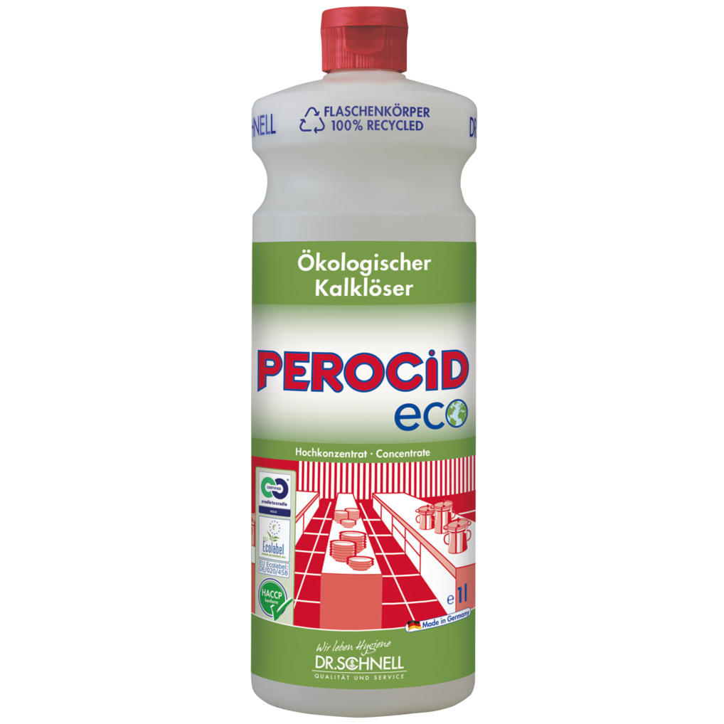 Eine Flasche Dr. Schnell PEROCID ECO Kalklöser für Oberflächen der DR.SCHNELL GmbH & Co. KGaA, mit grün-weißem Etikett mit Zertifizierungen, rotem Küchenmotiv, rotem Verschluss und blauer "100% recycled"-Marke oben.