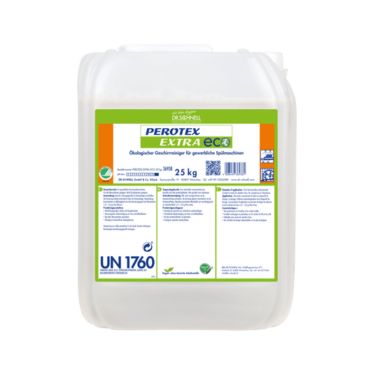 Ein 25 kg durchsichtiger Kunststoffbehälter mit grün-weißem DR.SCHNELL GmbH & Co. KGaA-Etikett für Dr. Schnell PEROTEX EXTRA ECO Geschirrreiniger für gewerbliche Spülmaschinen, mit Produktinformation, Anleitung und Sicherheitssymbolen.
