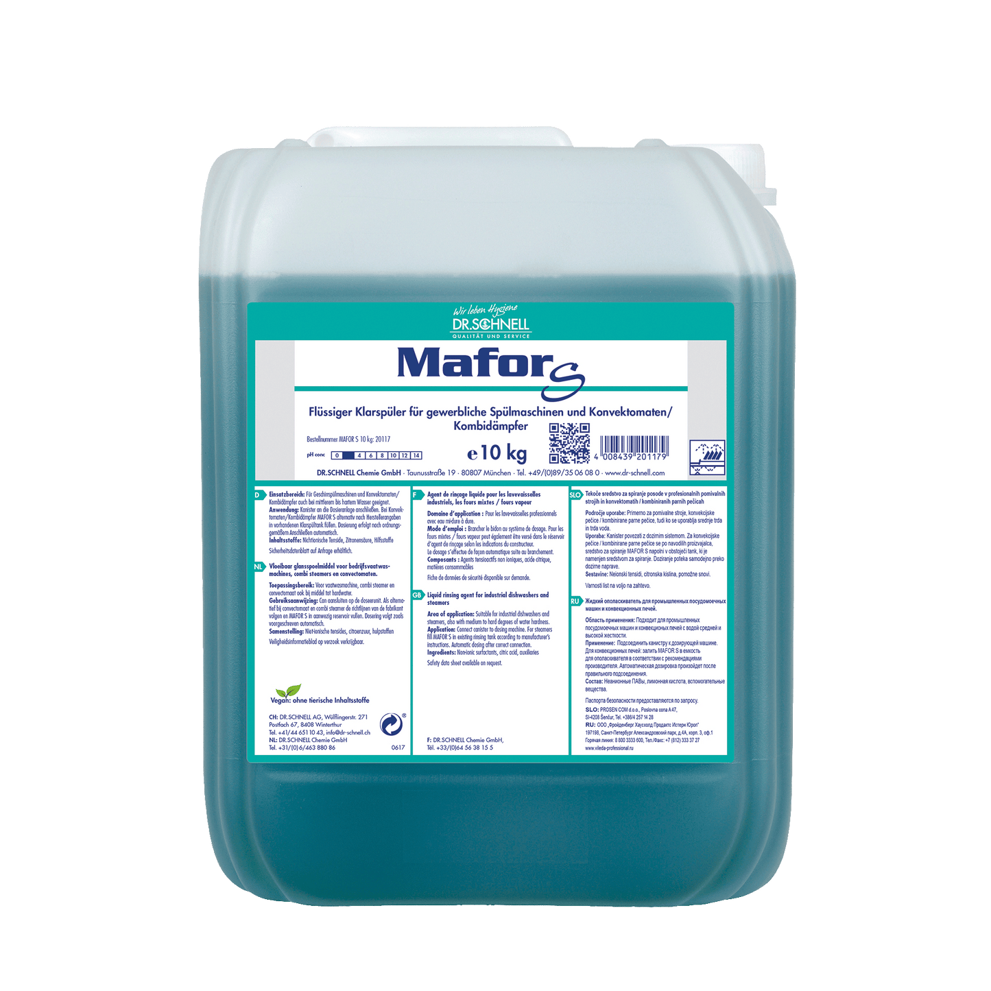 Ein 10 kg durchsichtiger Kunststoffbehälter der DR.SCHNELL GmbH & Co. KGaA Dr. Schnell MAFOR EVO S Klarspüler für Geschirrspülmaschinen, blau-grüne Flüssigkeit mit deutschem Etikett, zur streifenfreien Trocknung und effektiven Kalkverhinderung.