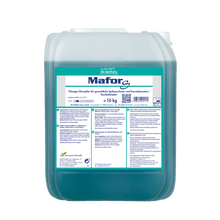 Ein 10 kg durchsichtiger Kunststoffbehälter der DR.SCHNELL GmbH & Co. KGaA Dr. Schnell MAFOR EVO S Klarspüler für Geschirrspülmaschinen, blau-grüne Flüssigkeit mit deutschem Etikett, zur streifenfreien Trocknung und effektiven Kalkverhinderung.