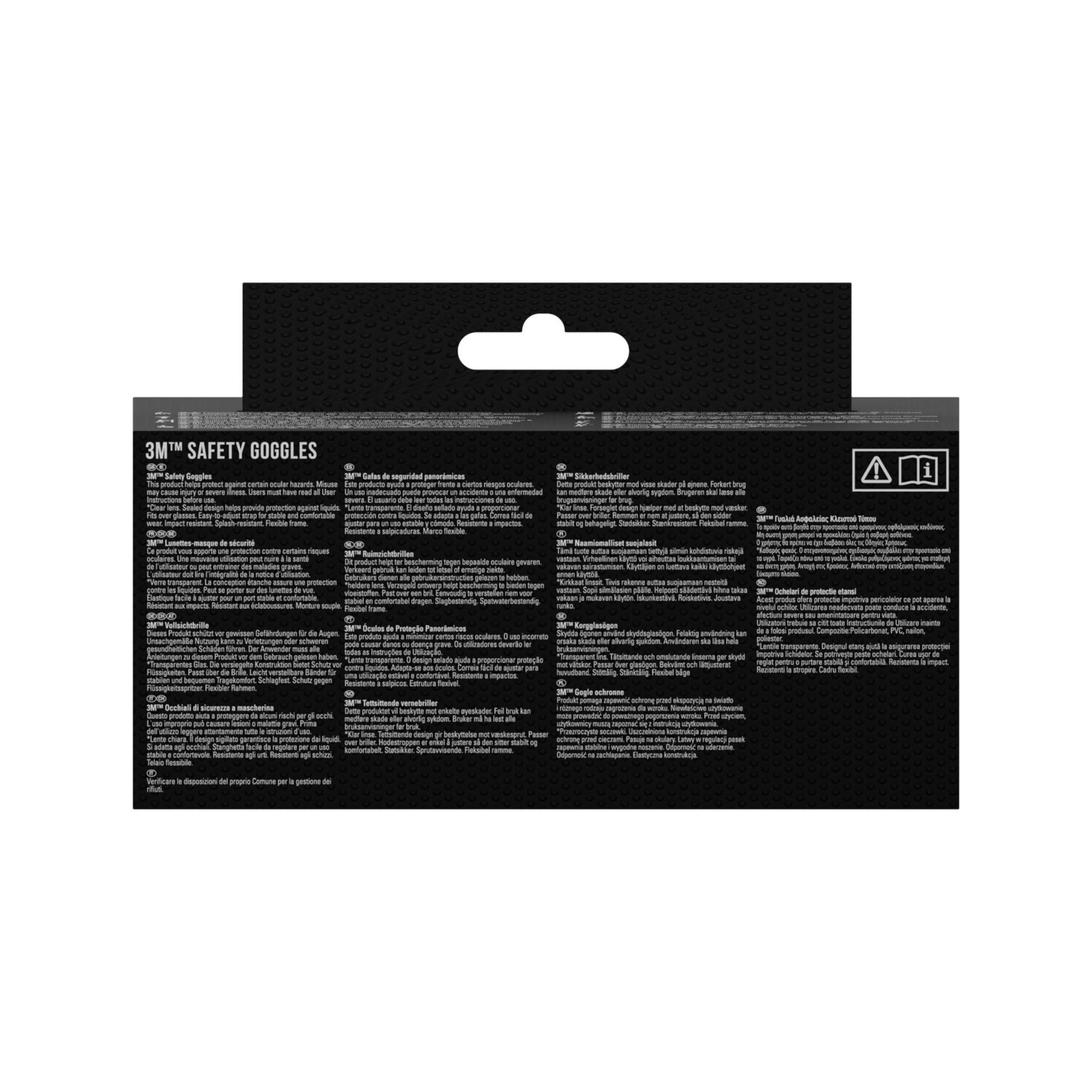 Rückansicht einer 3M™ Schutzbrille 2890, versiegelt, Klarsichtscheibe | Packung (1 Stück) von 3M Deutschland GmbH mit mehrsprachigen Sicherheits- und Warnhinweisen auf schwarzem Grund und einem hängenden Ausschnitt am oberen Rand.