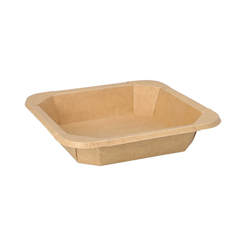 Die Starpak 25 Lunchboxen, Pappe eckig von Starpak sind rechteckige Lebensmittelschalen aus brauner Pappe mit leicht abgewinkelten Seiten – eine umweltfreundliche Wahl zum Servieren von Mahlzeiten.