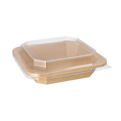 The Starpak 25 lunch boxes made of brown cardboard, square with slightly rounded corners and a clear plastic lid, stand on a plain white background.