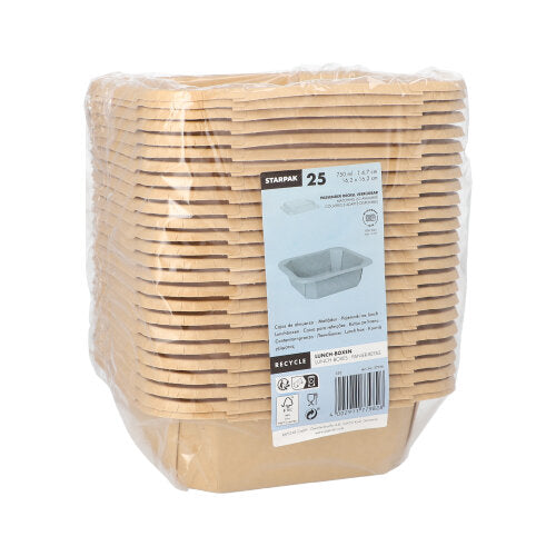A pack of 25 rectangular, brown Starpak lunch boxes made of cardboard, wrapped in plastic wrap, with a label on the front showing the Starpak brand and product information. Perfect as an eco-friendly lunch box for any event.