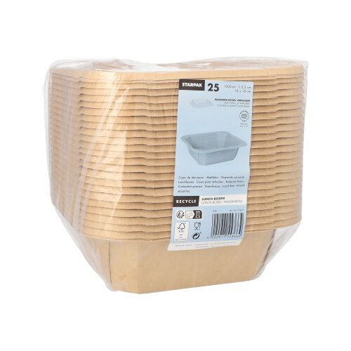 Eine in durchsichtige Plastikfolie eingewickelte Packung enthält 25 braune rechteckige Starpak 25 Lunchboxen, Pappe eckig. Das vordere Etikett zeigt Produktinformationen, die Marke Starpak, den Umweltanspruch und Recyclingsymbole.