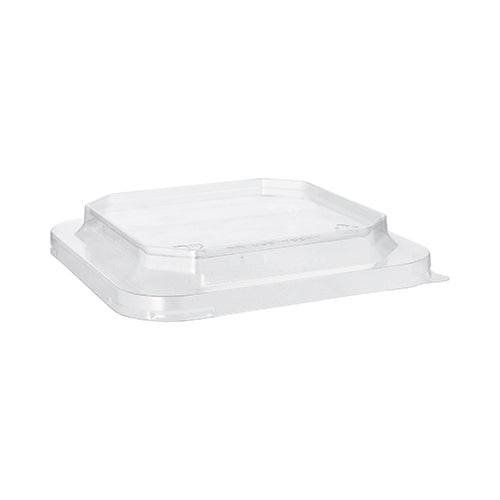 Der Starpak 25 Deckel für Lunchboxen ist ein durchsichtiger, quadratischer Deckel aus PET-Kunststoff mit leicht erhöhten Kanten und dezenten Rillen, der von Starpak so entworfen wurde, dass er sicher auf eckige, transparente Lunchboxen passt.