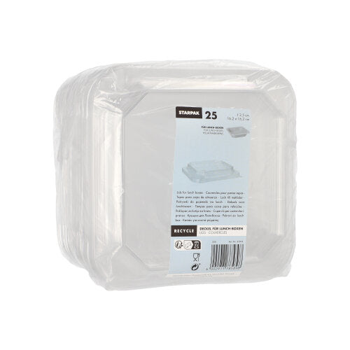 Eine Packung mit 25 transparenten, quadratischen PET-Deckeln für Lunchboxen von Starpak ist in Plastik eingewickelt und trägt auf der Vorderseite ein blau-weißes Etikett mit der Marke Starpak, der Menge (25) und Recyclinginformationen.