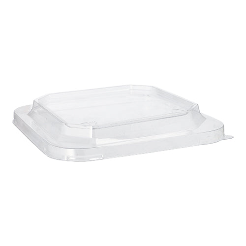 Der Starpak 25 Deckel für Lunchboxen PET eckig transparent, ein durchsichtiger rechteckiger Deckel mit erhabener Mitte und abgewinkelten Seiten von Starpak, wird vor einem weißen Hintergrund angezeigt.