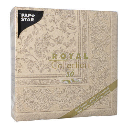 Eine sandfarbene Packung PAPSTAR GmbH 50 Servietten "ROYAL Collection" 1/4-Falz, 40 x 40 cm, mit Produktinfo in Gold und Weiß auf der Vorderseite.
