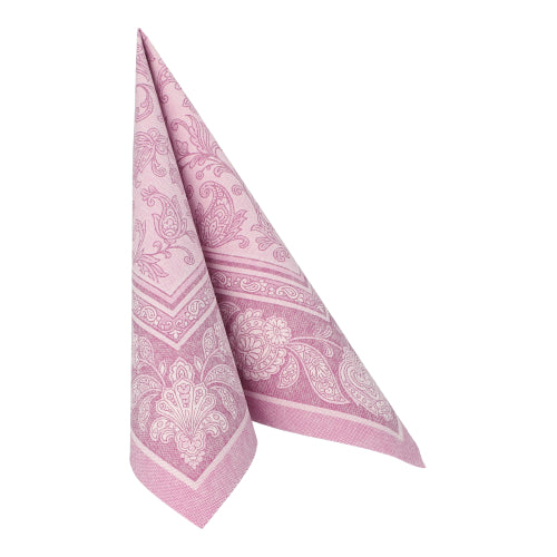 Eine fliederfarbene PAPSTAR 50 Servietten "ROYAL Collection" 1/4-Falz 40 x 40 cm der PAPSTAR GmbH ist zu einem Dreieck gefaltet und steht aufrecht auf weißem Grund.
