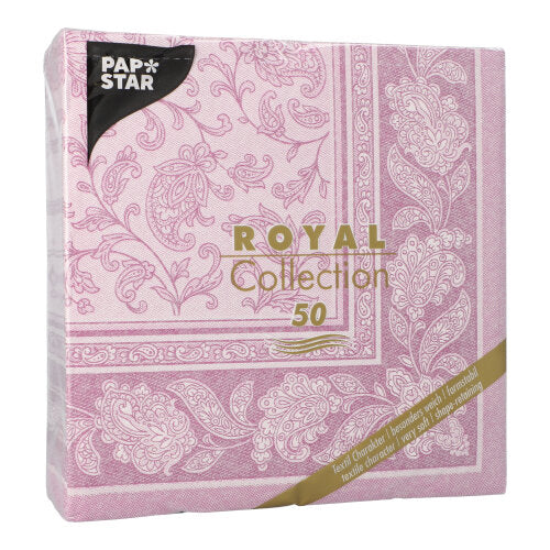 Eine Packung mit 50 PAPSTAR Servietten aus der ROYAL Collection der PAPSTAR GmbH, 1/4-fach gefaltet, 40 x 40 cm in Flieder, mit eleganten Blumen- und Paisleymotiven, die durch die Klarsichtverpackung sichtbar sind.