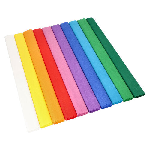 Zehn Bögen buntes PAPSTAR Krepp-Papier (2,5 m x 50 cm, farbig sortiert, wasserfest) der PAPSTAR GmbH sind auf weißem Untergrund angeordnet – perfekt für Bastelprojekte in leuchtenden Farben.