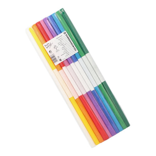 PAPSTAR 10 Krepp-Papier, farbig sortiert und wasserfest (2,5 m x 50 cm), ideal für Bastelprojekte. Enthält 10 Bögen verschiedener Farben in praktischer Folienverpackung mit Etikett. Von PAPSTAR GmbH.
