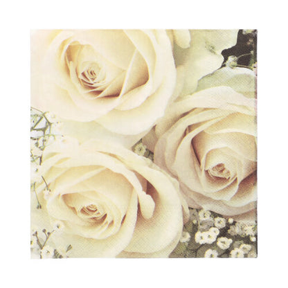 A close-up of three cream-colored roses with baby's breath on a delicate background, perfectly matching the 20 napkins (33 cm x 33 cm, 3-ply, 1/4-fold design set 2) of PAPSTAR GmbH for any celebration.