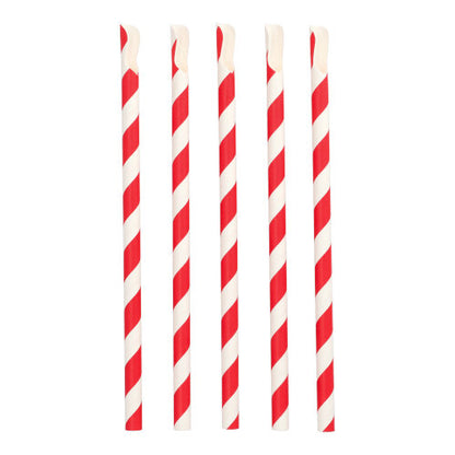 Five PAPSTAR straws with spoons, red/white "Stripes" (23 cm, Ø 10 mm) from PAPSTAR GmbH stand upright in a row, each with diagonal red and white stripes and an angled spoon-shaped tip on a white background.