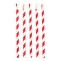 Five PAPSTAR straws with spoons, red/white "Stripes" (23 cm, Ø 10 mm) from PAPSTAR GmbH stand upright in a row, each with diagonal red and white stripes and an angled spoon-shaped tip on a white background.