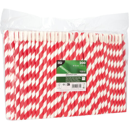 In a transparent plastic packaging, 200 PAPSTAR straws with spoons, red/white "Stripes", 23 cm, Ø10 mm, are neatly placed side by side. On the front is a green and white label from PAPSTAR GmbH with product information visible.