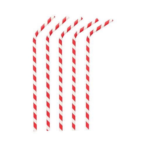 Fünf PAPSTAR 200 Trinkhalme Papier Ø 6 mm · 22 cm rot/weiss "Stripes" flexibel der PAPSTAR GmbH stehen senkrecht auf weißem Untergrund und sind oben jeweils zum bequemen Trinken abgeknickt.