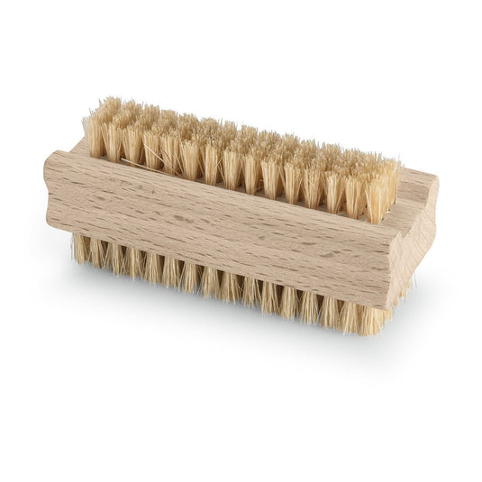 The Nölle Profi Brush Hand Wash Brush (10 cm) from Nölle Profi Brush Bürsten- & Pinseltechnik e.K. is double-sided, has soft bristles on both sides, and a rectangular wooden handle with rounded edges.