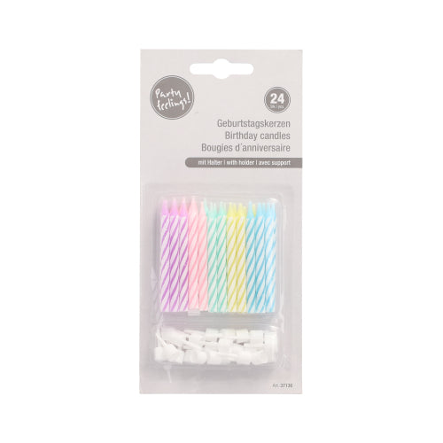 PAPSTAR 24 pastellgestreifte Geburtstagskerzen (rosa, lila, blau, gelb, weiß) mit Halterungen, je 6 cm, in klarer dreisprachiger Verpackung (deutsch/englisch/französisch), 10er-Packung von PAPSTAR GmbH.