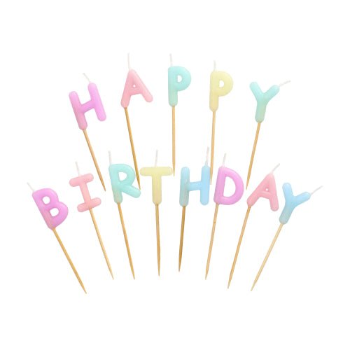 The PAPSTAR The letter candle set features pastel-colored letter candles spelling out "Happy Birthday" (8 cm), each mounted on a wooden stick. Available in pink, yellow, blue, purple, and green. Sold in a box containing 12 packs of PAPSTAR GmbH.