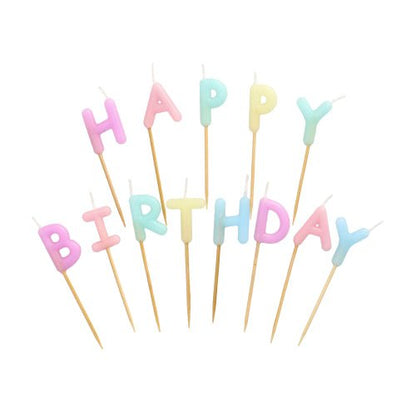 The PAPSTAR The letter candle set features pastel-colored letter candles spelling out "Happy Birthday" (8 cm), each mounted on a wooden stick. Available in pink, yellow, blue, purple, and green. Sold in a box containing 12 packs of PAPSTAR GmbH.